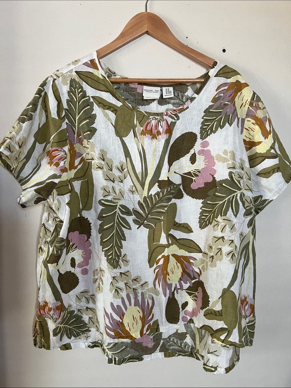 Rachel Zoe Olive Green and Pink Floral Linen-Blend Short Sleeve Top